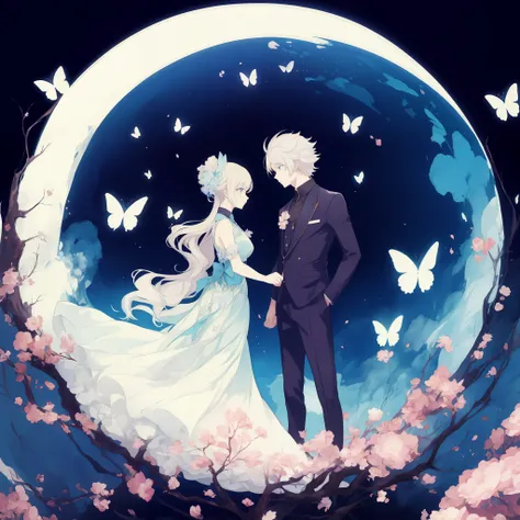 Anime couple on the moon with butterflies, anime wallaper, Beautiful anime, Beautiful anime style, ethereal anime, High-quality fanart, romanticism art style, official fanart, ✨🕌🌙, beautiful anime art style, Anime Pictures, hd anime wallaper, anime beautif...