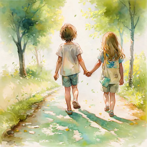 there are 1littleboy & 1littlegirl walking down the road holding hands, concept, conceptual art, beautiful painting of friends, a beautiful artwork illustration, walking together, Summer Day, watercolor, back shot, full body,