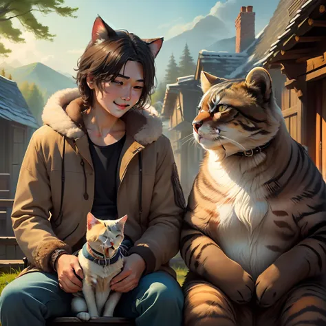 Show the village setting and introduce the main characters - the cat, the dog, and the bear. Depict their friendship and how they enjoy spending time together.