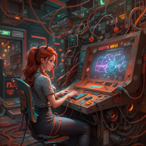 A girl working on a retrofuturism scene of an arcade wired mess on macbook, mechanical delay, wiring components, ultrago austin metal wiring, iris van Buren, Karol Bak, Kiichi Obituary by Beksinski, david falls fanart gadget machine, red hair, hacker, sexy...