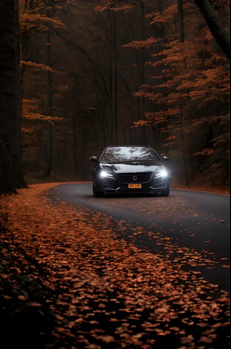 arafed black luxury car driving down a road in the middle of a forest, car photography, front profile, vehicle photography, auto photography, autumn lights, automotive photography, high quality wallpaper, car commercial photograph, hq 4k wallpaper, automot...