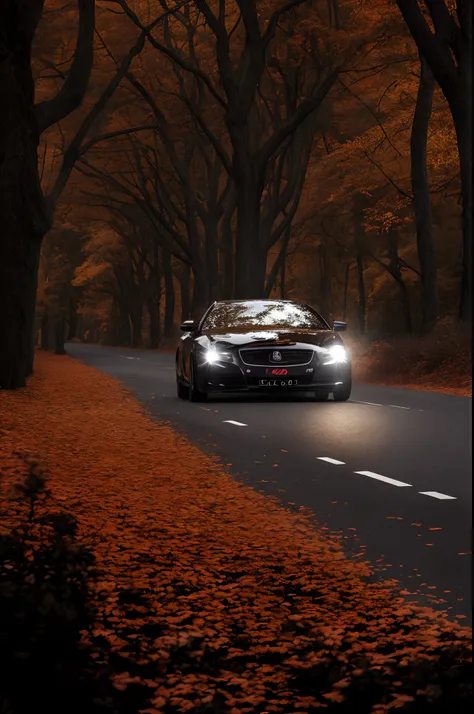 arafed black luxury car driving down a road in the middle of a forest, car photography, front profile, vehicle photography, auto photography, autumn lights, automotive photography, high quality wallpaper, car commercial photograph, hq 4k wallpaper, automot...