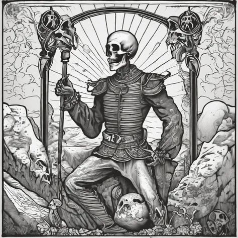 Tarot card, the fool dancing on a cliff, his face is a skull, black and white, fine lines, Intricate details