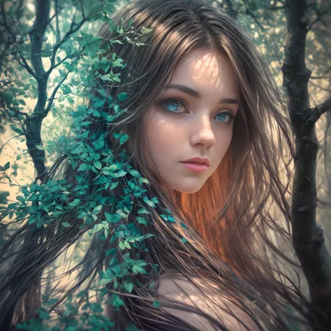 epic realistic, (dark shot:1.4), 80mm, Create a portrait of a woman with long, dark hair. She has a mysterious expression, gazing at the viewer with a slight tilt of her head. She is simply dressed, with an arm wrapped around a tree branch that also resemb...