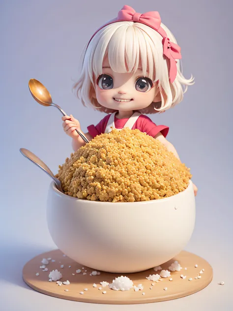 One Little Girl，Sit behind the rice bowl，There is rice in the bowl，The appearance of holding a spoon in one hand ready to eat，The structure of the hand should conform to the correct body structure，There are large grains of rice stuck to the face，adolable，s...