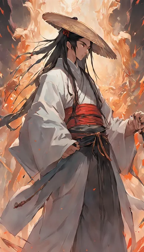 tmasterpiece，best qualtiy，超高分辨率，Detailed details，1 ancient Chinese assassin with a sword ，heroic look，Eyebrows are clear，Wearing a straw hat，Wearing a cassock，inspired by Shunkōsai Hokushū，in the artistic style of mohrbacher，Inspired by Ryūkōsai Jokei，in s...