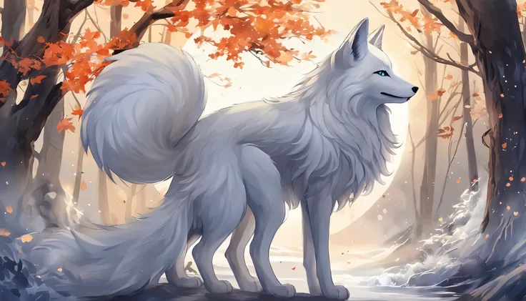 (Next to the anime girl with white fur fox ears before the full moon is a huge white nine-tailed fox:1.5), fantasy fox love, White-haired fox, white fox anime, Anime fantasy illustration,(dark forest background，Blue transparent smoke surrounds:1.8), art of...