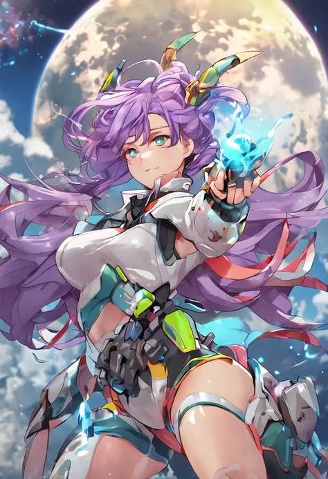 "Honkai 3 Thunder Law Thunder Bud Suit，Create an ultra-detailed painting，Float her in the air，Presents dynamic poses and angles，She has blue eyes and colorful hair（silber hair:1.3,redheadwear:1.2,Purple hair big breasts,Yellow-haired:1.3,Green hair:1.3），We...