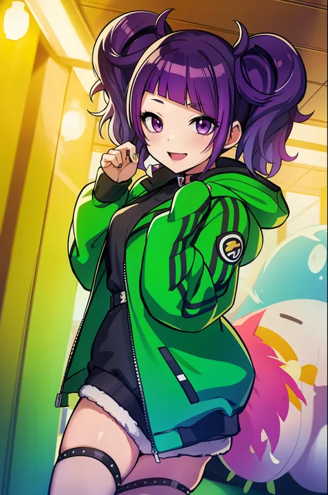 Mami Tanaka々、Purple hair、Twin tail hair、Green jacket、ssmile、