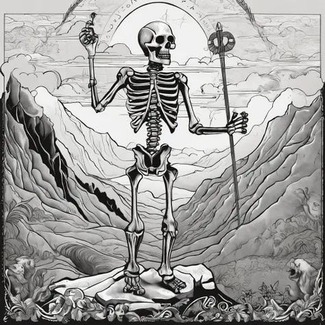 Tarot card, the fool is a skeleton dancing at the edge of a high cliff, mountains and clouds in the background, black and white, fine lines, Intricate details