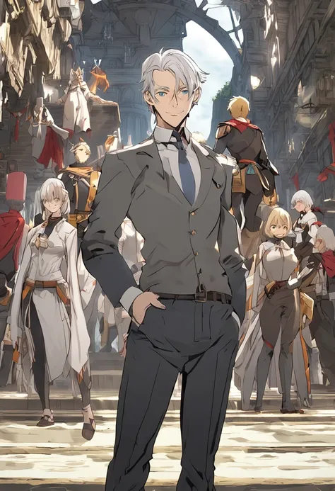 Anime characters with short silver-gray hair and blonde eyes standing in front of the adventurers guild, Best anime 4k konachan wallpaper, Tall anime guy, Silver-gray hair, , Anime art wallpaper 4k, Anime art wallpaper 4 K, Key anime art, , 4K manga wallpa...