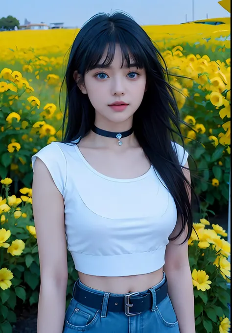 (high-quality, breathtaking),(expressive eyes, perfect face), short, young girl, long dark blue hair, blue eyes, soft smile, white crop top, long black pants, choker, urban setting, blue sky, shine, glow, yellow flowers, blunt bangs, himawari uzumaki, long...