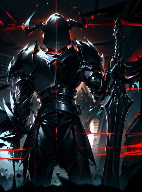 The back of a Dark Guardian in black armor，Holding a large black sword in his hand，Black helmet，