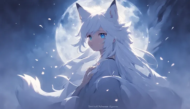 (Next to the anime girl with white fur fox ears before the full moon is a huge white nine-tailed fox:1.5), fantasy fox love, White-haired fox, white fox anime, Anime fantasy illustration,(dark forest background，Blue transparent smoke surrounds:1.8), art of...