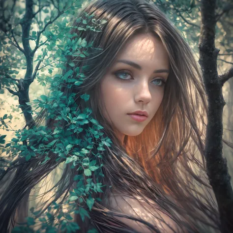 epic realistic, (dark shot:1.4), 80mm, Create a portrait of a woman with long, dark hair. She has a mysterious expression, gazing at the viewer with a slight tilt of her head. She is simply dressed, with an arm wrapped around a tree branch that also resemb...