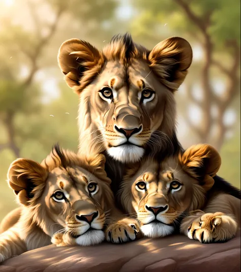 Painting depicting a lion mother and her cubs, vacationers on the rock, adorable digital painting, ultrarealistic illustration, detailed beautiful animals, realistic illustration, lions, digitalpainting, Wildlife illustration, a family portrait, ultrareali...