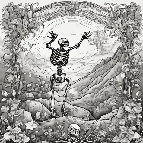 Tarot card, a skeleton is dancing joyously at the edge of a high cliff, in the right hand a wooden staff, in the left hand a beautiful flower, a small cat dancing at the feet of the skeleton, mountains and clouds in the background, black and white, fine li...