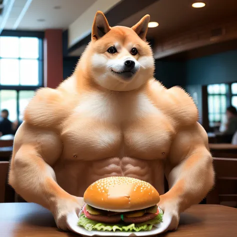 a professional photo of [(((buff Swoledoge))):buff Swoledoge:8], grinning, dog body, eating a large burger in a restaurant, cinematic dramatic light, smooth transition, bokeh