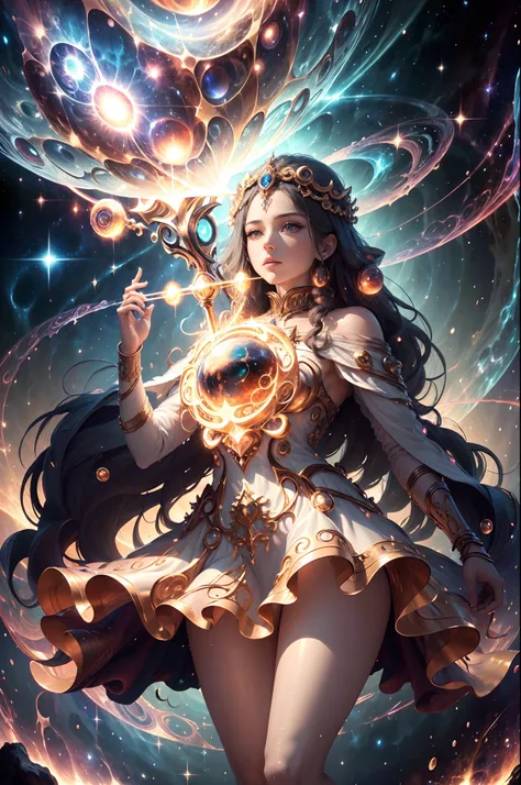 masterpiece, best quality, high details, highres, 1 person, divine being, divine magic, God of Chaos, personification of Chaos, standing in deep space, divine being, magic circles, divine patterns, emanates immense power and cosmic energy, surrounded by sw...