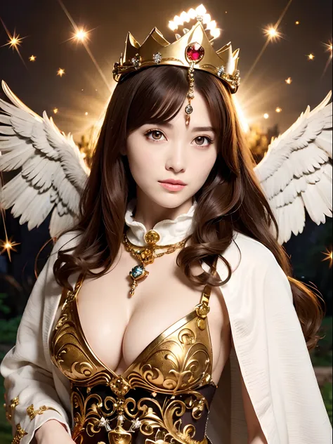 (masutepiece), Professional , ​masterpiece、top-quality、photos realistic , depth of fields 、（Wind element），tornado，Lightning，（Gemstone Silver Metal Body:1.９),(Matte White、(Gangles forest background),（Brown hair long straight）、Jewel Gold Weapon、（Castle backg...