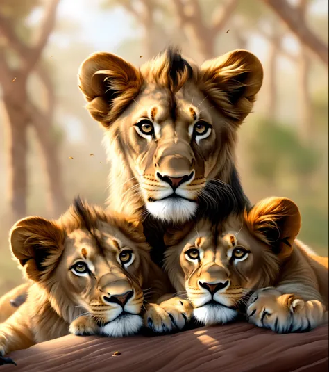 Painting depicting a lion mother and her cubs, vacationers on the rock, adorable digital painting, ultrarealistic illustration, detailed beautiful animals, realistic illustration, lions, digitalpainting, Wildlife illustration, a family portrait, ultrareali...