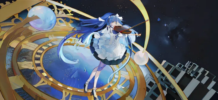 Blue hair Wearing white skirt Girl Universe and Earth Stand on the time plate and play the violin