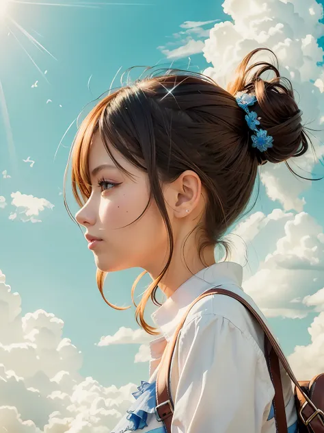 Profile Anime Illustration Girl、Fantastical 、blue-sky 、Back lighting、 2D Smile