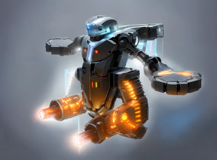 there is a robot that is holding a light in its hand, mechanized art concept, robot concept art,  concept robot, mech concept art, cyber mech, war robot, collosal mech, stylized concept art, concept artwork, diselpunk, gun barrel, Handguard, clip with bull...