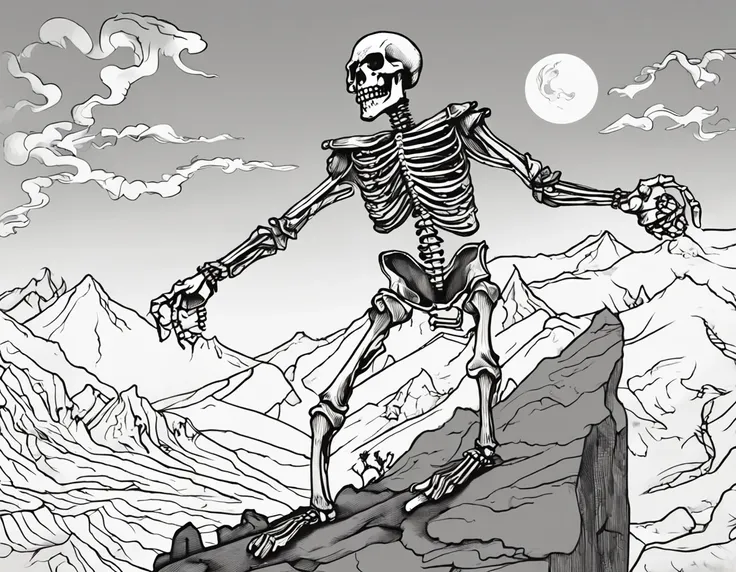 Tarot card, the fool is a skeleton dancing at the edge of a high cliff, mountains and clouds in the background, black and white, fine lines, Intricate details