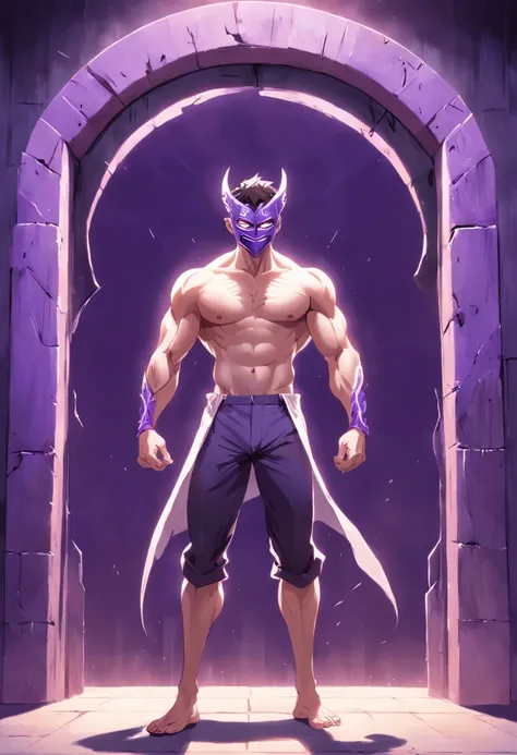 un alto, Muscular man stands in front of a purple portal. is shirtless, and his body is covered with scars. Wear a theatrical smile mask, y sus pantalones y zapatos son holgados. Sostiene una espada en su mano derecha. The man is silent, Tus ojos fijos en ...