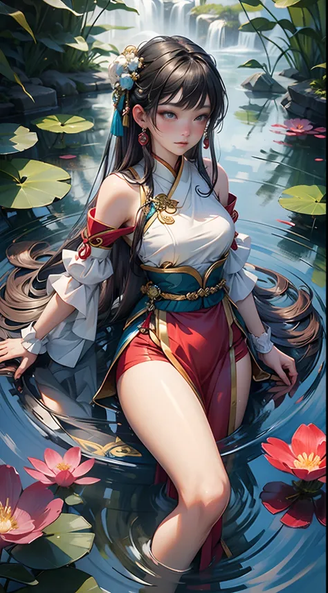 Beautiful girl traditional Asian, Beautiful girl, Traditional women, In surreal water style, animeaesthetic, xiaofei yue, Deep gold and shallow aquamarine, Frederick Sanders, dark white and light crimson, Wonderful introspection