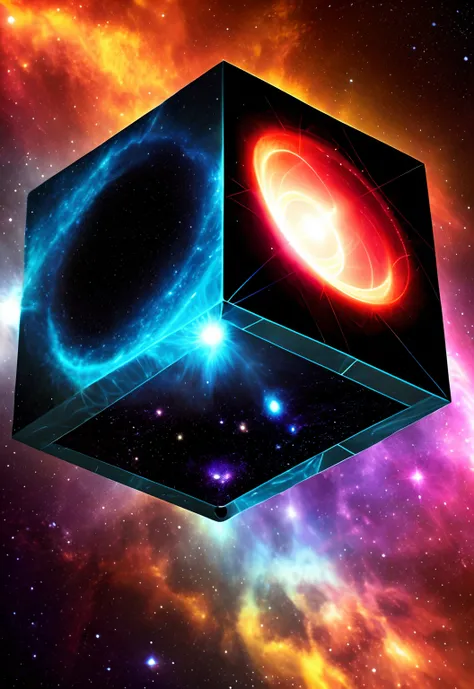 tesseract, strange geometry, confusing, multidimensional, unusual shapes, nebula, black hole, dark, destroyed planet, molten