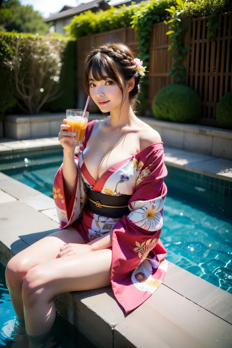 2girls, Bamboo, Bangs, Bare_Legs, Bare_shoulders, Barefoot, blush, braid, breasts, brown_Eyes, brown_hair, cleavage, 鎖骨, day, Drinking, Drinking_Straw, eyebrows_Visible_through_hair, Floral_print, flower, hair_flower, hair_ornament detached, hair_Over_Shou...