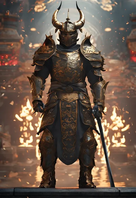 Warrior, concept art, by Kishi Ganku, fantasy art, zen temple background, clean render, a horned, wearing a suit of armour, detailed bushido form smoke, helmet of a forgotten deity, character is standing, 8k realistic, in game render, detailed face backgro...