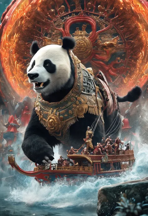 (Masterpiece, Top quality, Best quality, offcial art, Beautiful and aesthetic:1.2), Chiu，（（God of War rides a panda）），extreme detailed details, ancient battle field