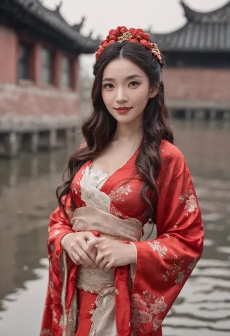 realistic, RAW photo, dslr, film grain, Fujifilm XT3, night shot, 1girl, goddess women, (curly hair, long hair), (thigh,off shoulder:1.2), ([:see-through:4]:1.4) (red floral print hanfu:1.1), pencil skirt, black pantyhose, (deserted street:1.3), Backlit, B...