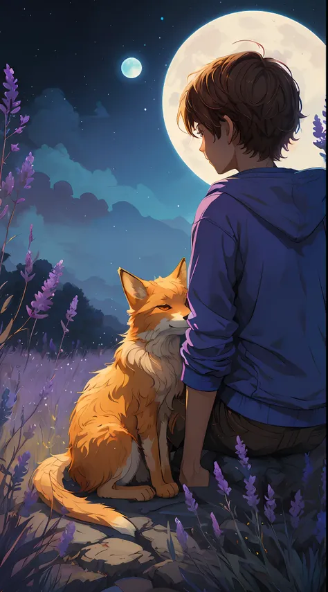 there is a boy sitting on a rock with a fox, edmund blair and charlie bowater, boy with fox ears and tail, charlie bowater art style, erin hunter, cyril rolando and goro fujita, charlie bowater and artgeem, full color illustration, full art illustration