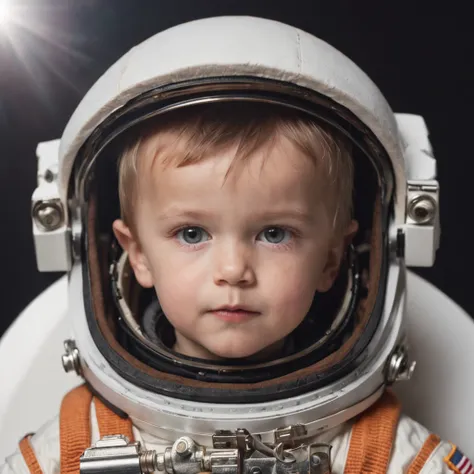 little boy astronaut, dressed as an astronaut in space