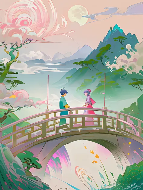 A boy and a girl meet on a bridge，Tanabata poster design pattern，Pink tones，Blue-purple，dreamy scenes，a warm color palette，Cloud arch bridge，the huge moon，fire works，starrysky，Magpie triangle composition，detail-rich，down view，Long shots，Chinese traditional...