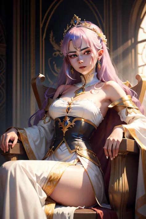 A woman sits on a throne，Close-up of a woman with a crown on her head, Beautiful androgynous princess, casimir art, handsome face in demon slayer art, Delicate androgynous princess, Akira royal attire, detailed anime character art, portrait of a queen, off...