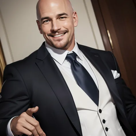 (a white man smiling, bald, jacket and tie;) | (homem elegante maduro terno formal)