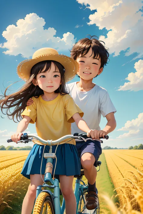 A little boy and a little girl riding a bicycle，Little boy wearing a white shirt，The little girl wears a yellow shirt and long hair，Gaze out over endless golden wheat fields，wonderful scene，Blue sky and white clouds，Miyazaki manga style