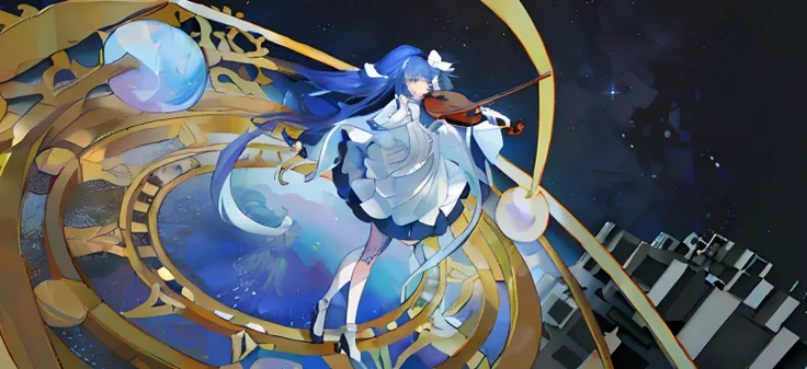 Blue-haired wearing white skirt Girl Universe and Earth Standing on the time wheel and playing the violin