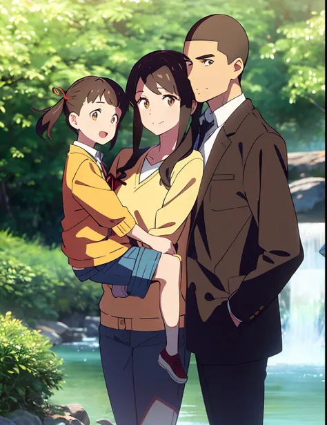 shinkai makoto, kimi no na wa., family of four,1boy, buzzcut, brown jacket, open clothes, white shir, grey pants, carrying child, dad, 1girl, bangs, Brown eyes, waterfall braid, red ribbon, long hair, light pink cardigan, open clothes, yellow shirt, orange...