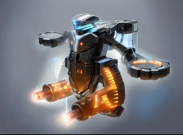 there is a robot that is holding a light in its hand, mechanized art concept, robot concept art,  concept robot, mech concept art, cyber mech, war robot, collosal mech, stylized concept art, concept artwork, diselpunk, gun barrel, Handguard, clip with bull...