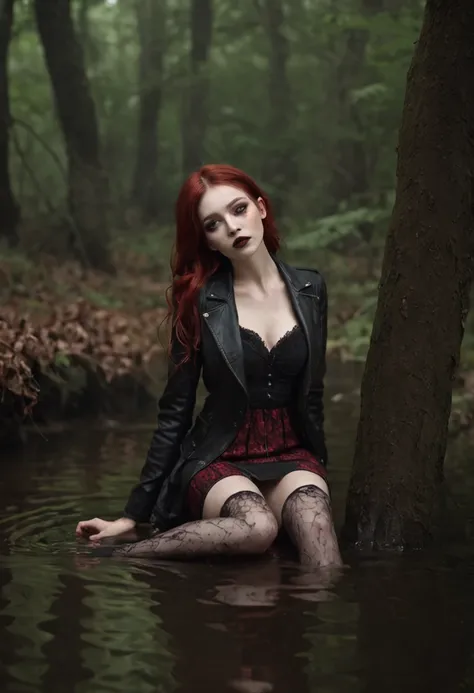 Hyper-realistic, ultradetailed, tmasterpiece. (A night in a dark forest:1.3). The woman, (Tormented by lust:1.3), (drowning up to the hips in the swamp:1.4). mini skirt, Black stockings with garters, leather jacket, black stiletto heels, (emaciated face:1....