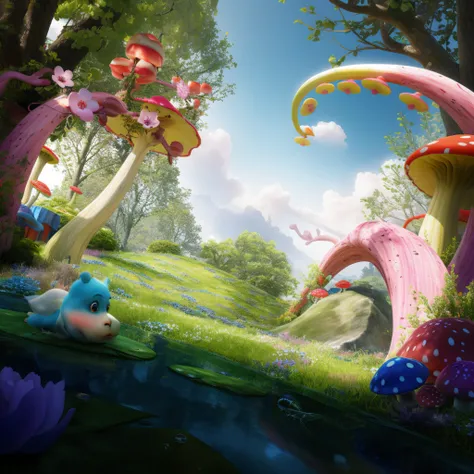 There is a picture of a colorful mushroom garden，There are flowers inside, whimsical fantasy landscape art, beautiful render of a fairytale, fantasy matte painting， Rolands Zilvinskis 3D rendering art, Beautiful digital artwork, Realistic fantasy rendering...