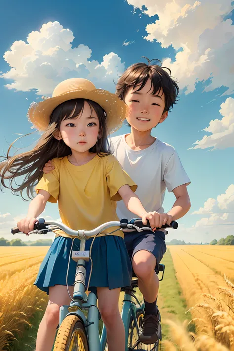 A little boy and a little girl ride a bike，Little boy in a white shirt，Little girl wearing a yellow shirt and long hair，Gaze at the endless golden wheat fields，wonderful scene，Blue sky and white clouds，Miyazaki manga style