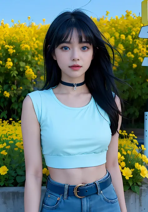 (high-quality, breathtaking),(expressive eyes, perfect face), short, young girl, long dark blue hair, blue eyes, soft smile, yellow crop top, long black pants, choker, urban setting, blue sky, shine, glow, yellow flowers, blunt bangs, himawari uzumaki, lon...