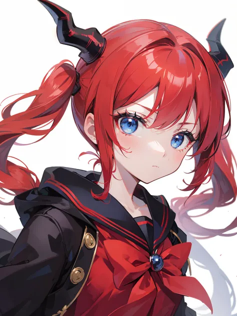 red hair, blue eyes, twintails, Sailor suit,black coat, Dragon horns,Pleated skirt,solo,loli,cute,bow